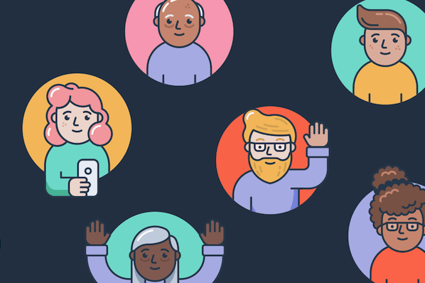 Animated series of people of different ages and races arranged in bubbles.