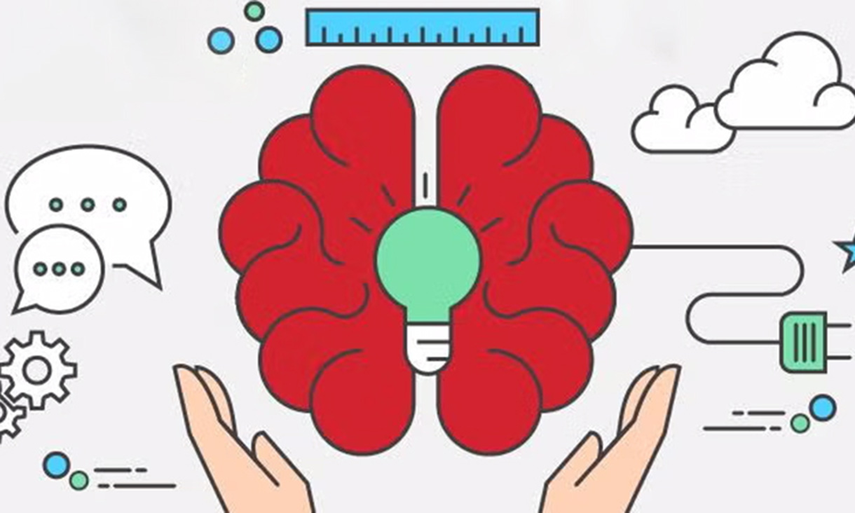 An illustration of design thinking related icons such as ideas, brain power, measurement and speech bubbles.