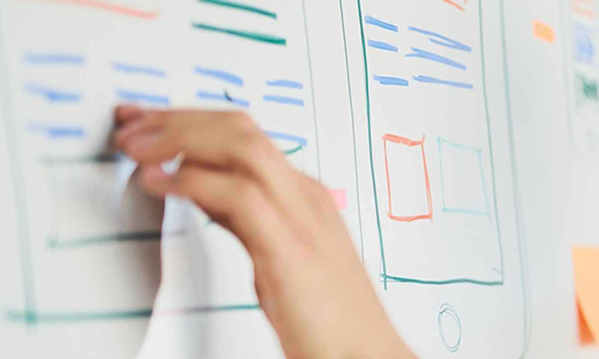 A hand touches a whiteboard that has phone graphic mock ups on it.