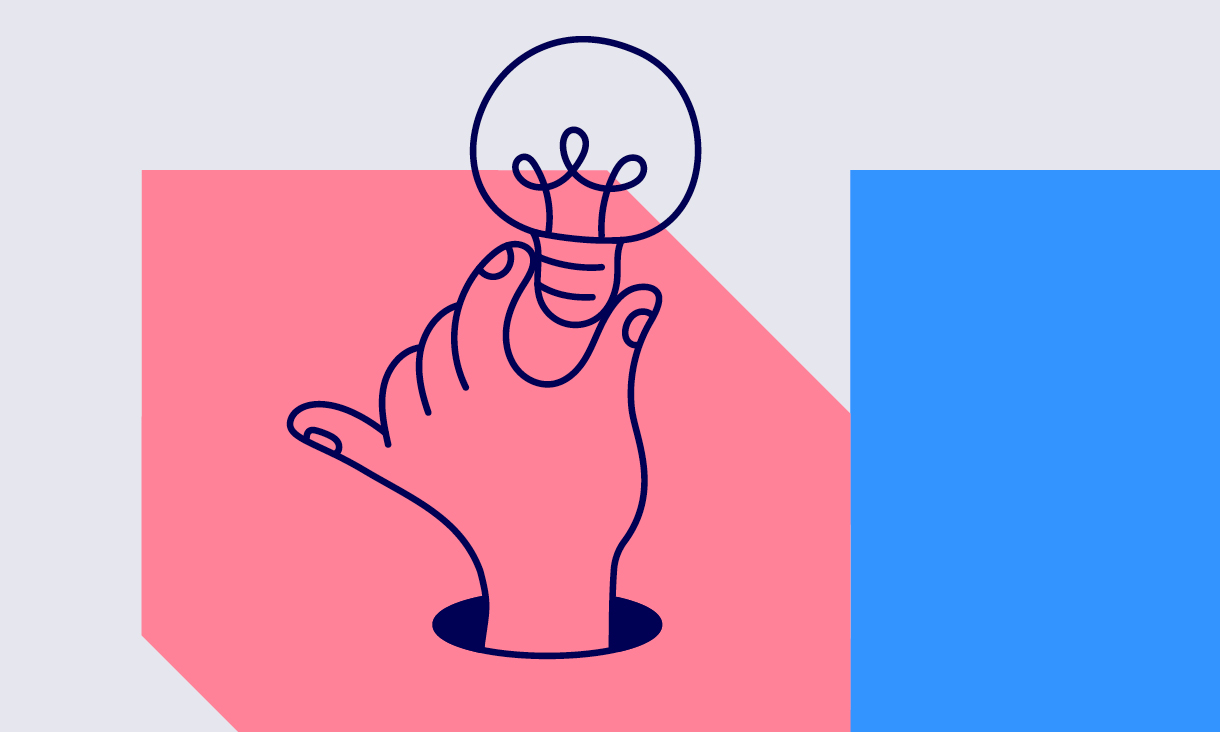 graphic design of a hand holding a lightbulb