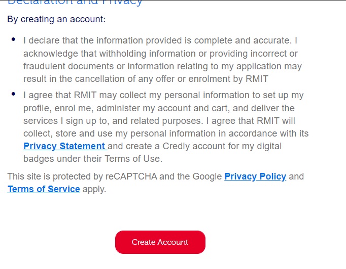 Screenshot of RMITO declaration of privacy, and create account button