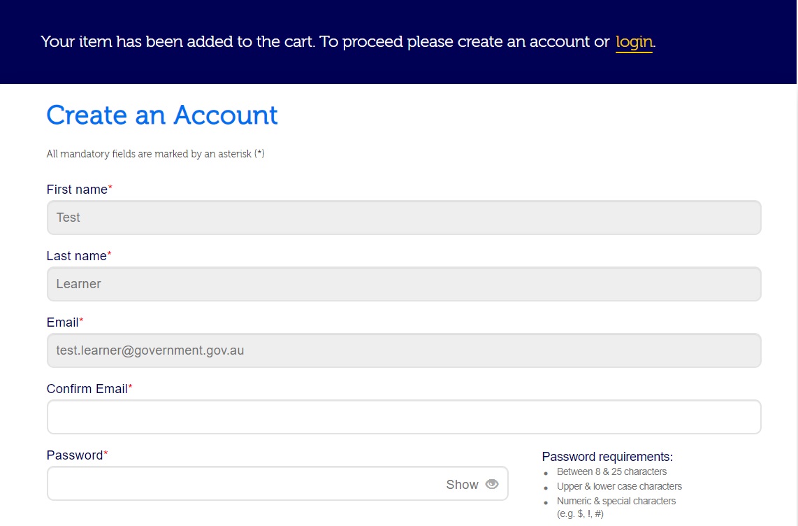 Screenshot of the registration form