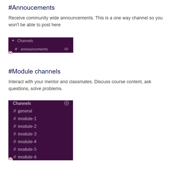 Screenshot of the Slack channels.