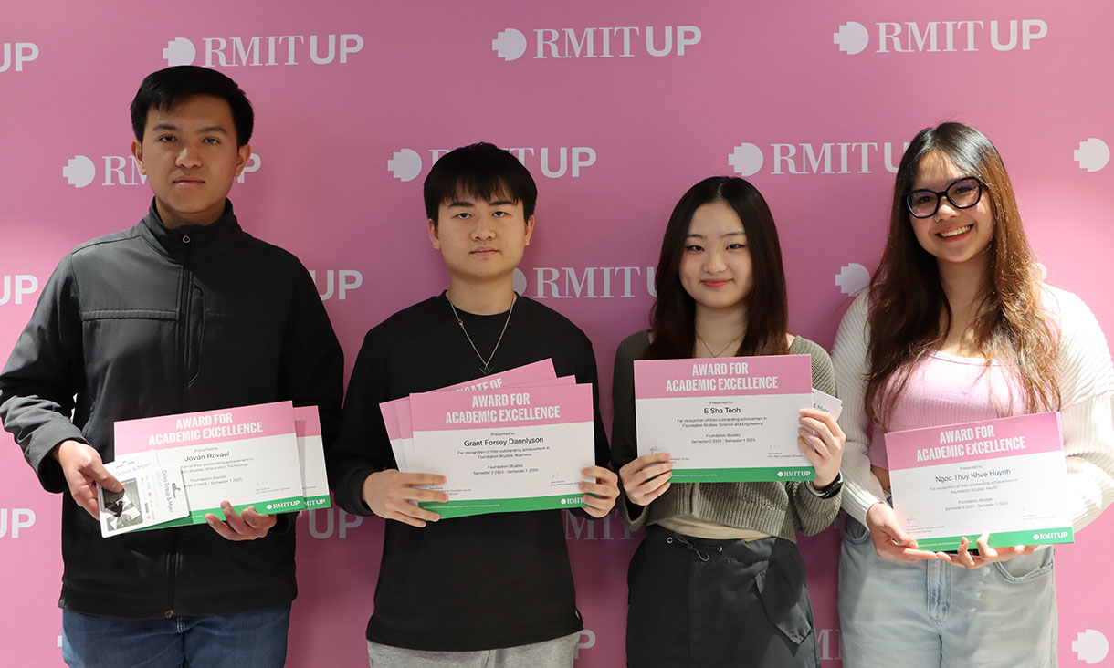 four RMIT UP international students with awards for academic excellence