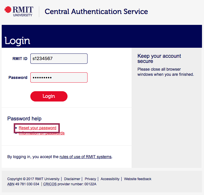 Central Authentication Service login, select Reset your password