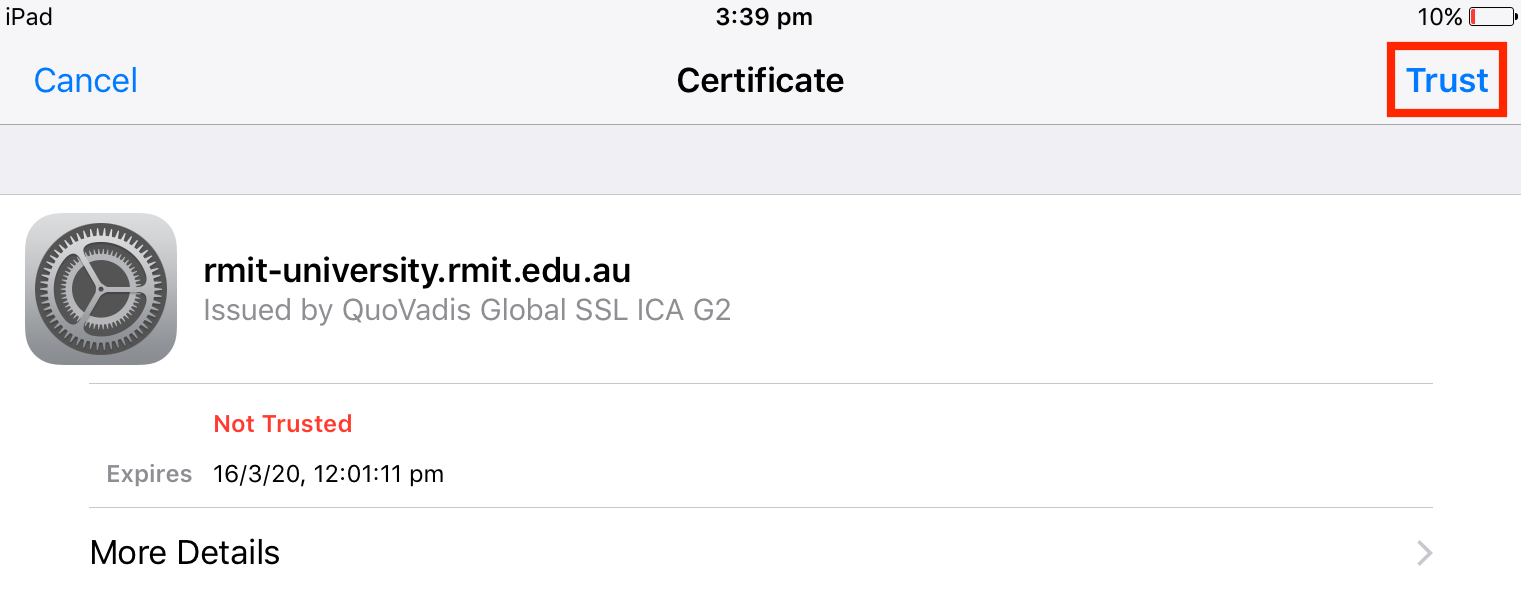 You may be prompted to verify the wireless certificate. Tap trust, to complete the connection.