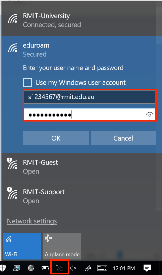 Click the wifi icon, select eduroam and click connect. Enter your staff ID and password and click OK/Connect