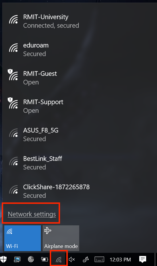 Click the wifi icon and select Network Settings