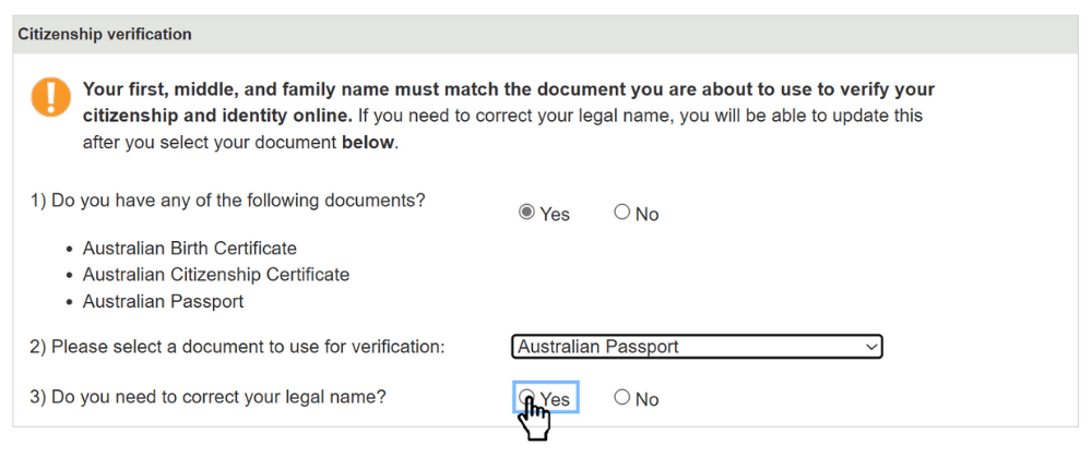 Screenshot of HE Dom step 3. Verify your identity and citizenship