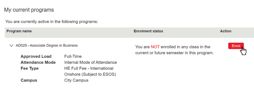Screenshot of HE International step 1. Start your enrolment - b. Click the 'Enrol' button under 'Action'