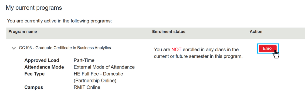 Screenshot of RMIT Online EOL Step 3. Start enrolment