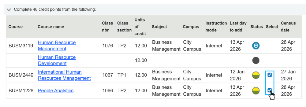Screenshot of RMIT Online EOL step 6. Select classes