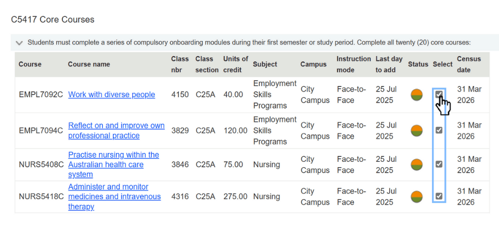Screenshot of VE full fee EOL Step 4. Add classes