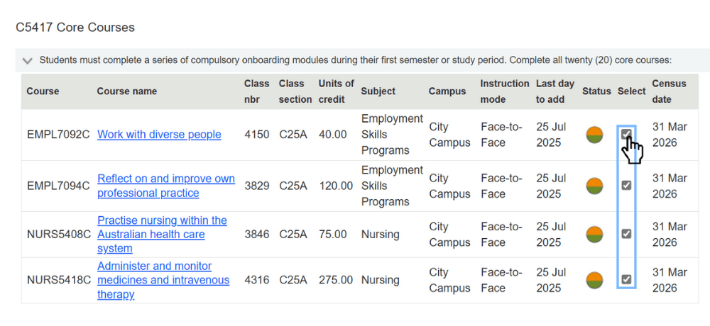 Screenshot of VE GSP enrolment step 9. Add classes