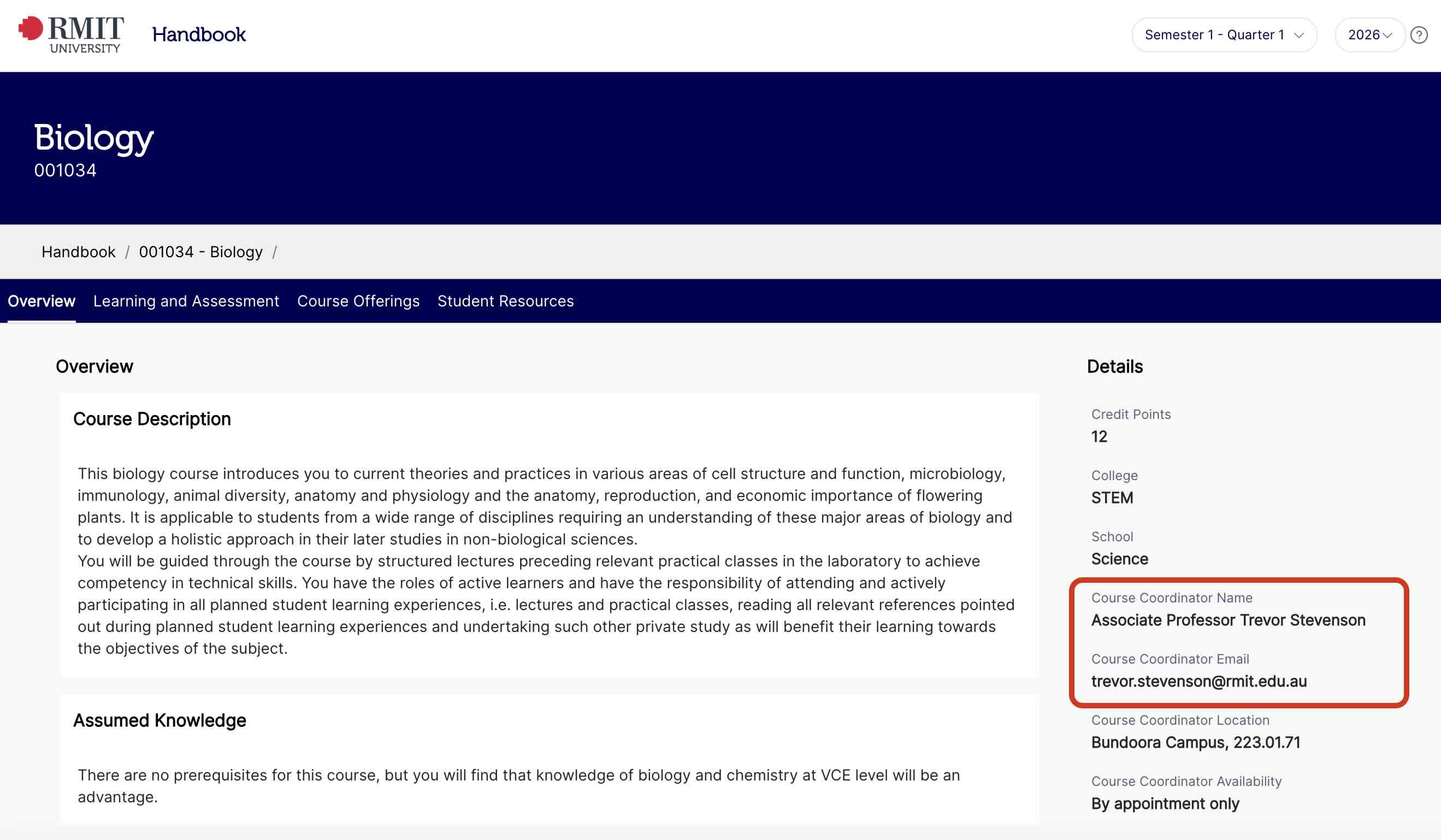 RMIT Handbook screenshot showing Course Coordinator contact information.