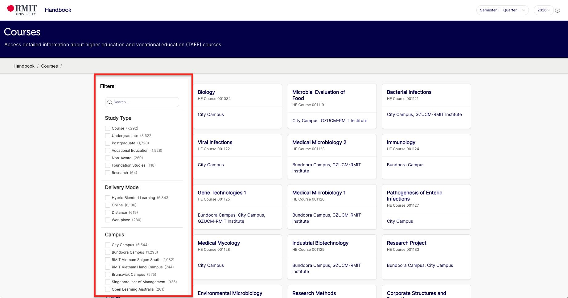 Screenshot showing courses with filter options