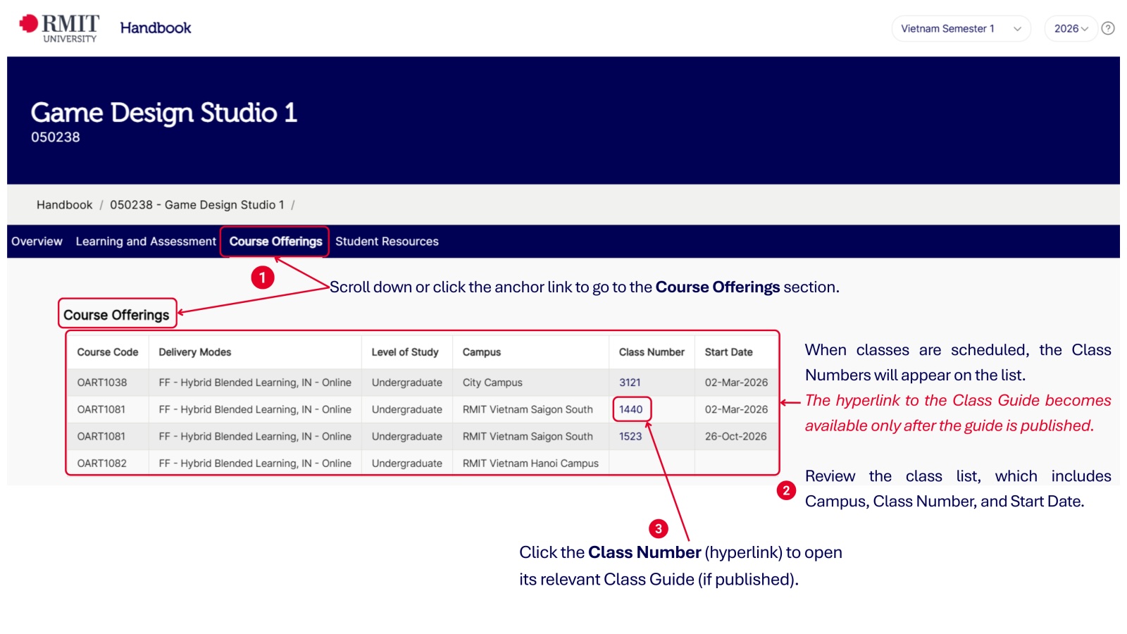 RMIT Handbook screenshot showing course offerings and link to class guides.