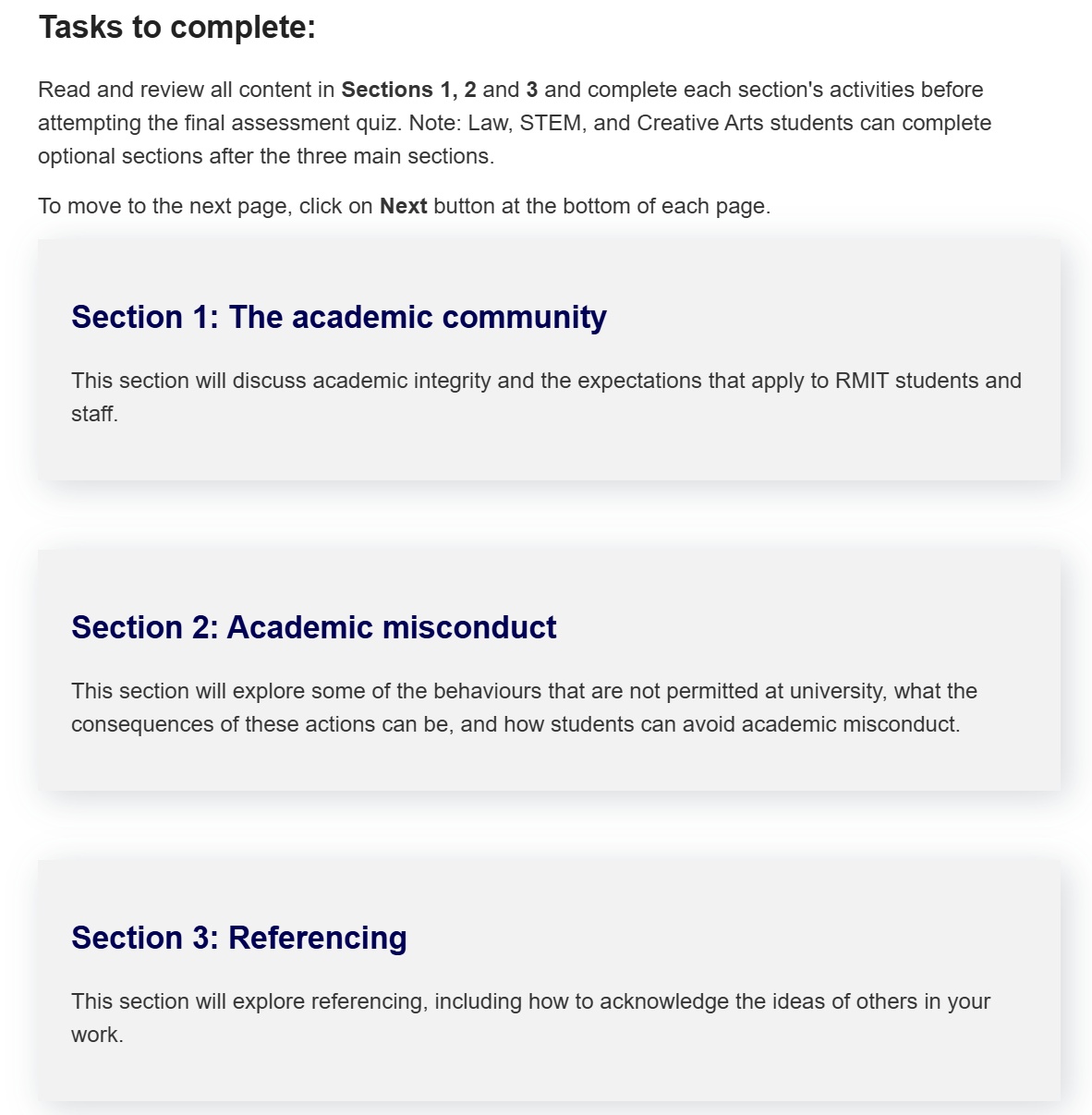 Academic Integrity Awareness module showing the three compulsory sections: Section 1 The academic community, Section 2 Academic misconduct, and Section 3 Referencing.