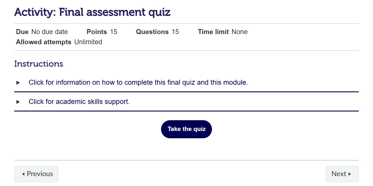 Academic Integrity Awareness final assessment quiz page showing a 15-question quiz worth 15 points and the "Take the quiz" button.