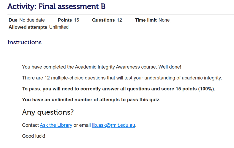 screenshot of the Academic integirty Awareness module final assessement 