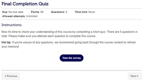 Screenshot of the Sex and Consent mandatory module quiz
