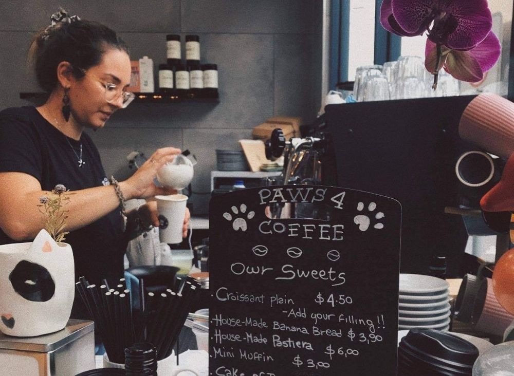 Giulia pouring coffee behind cafe counter 