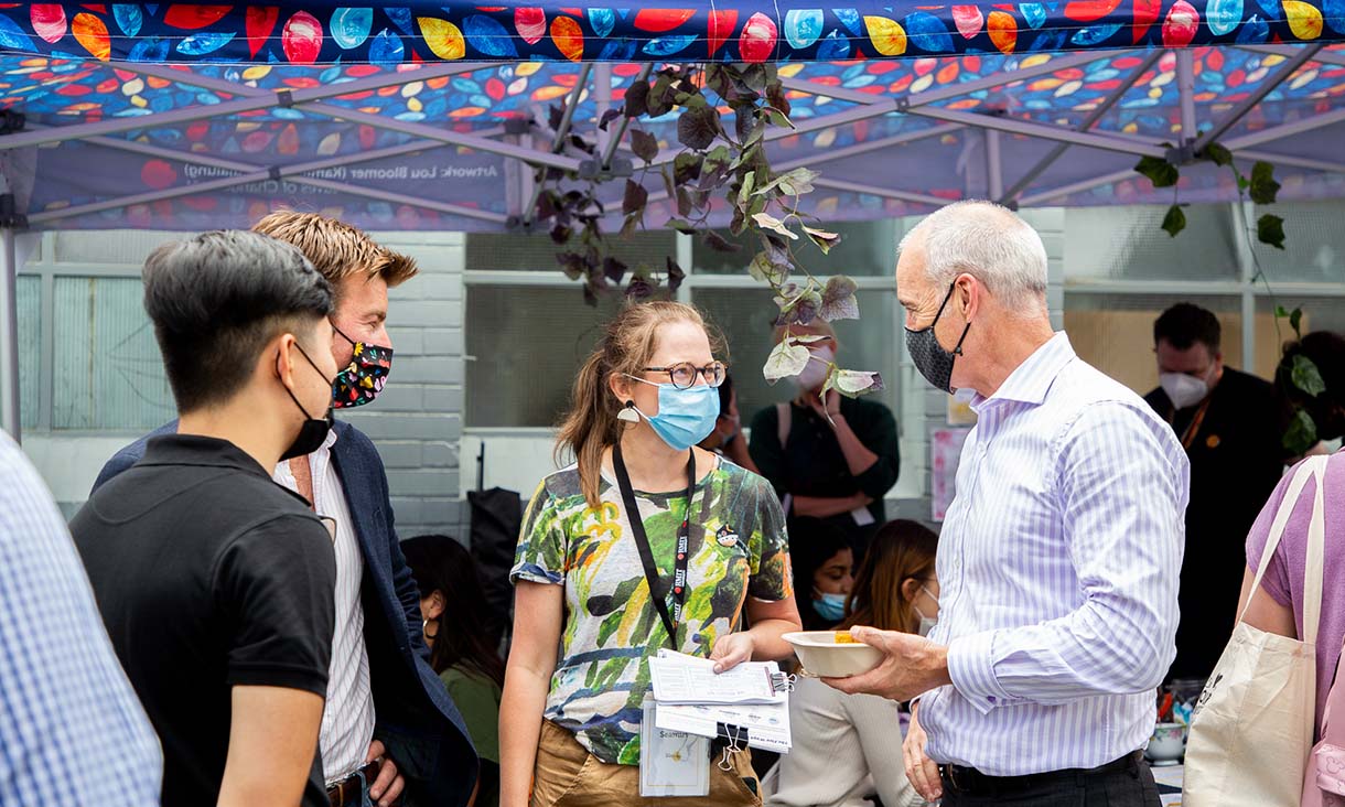 Vice-Chancellor Alec Cameron talking with staff and students