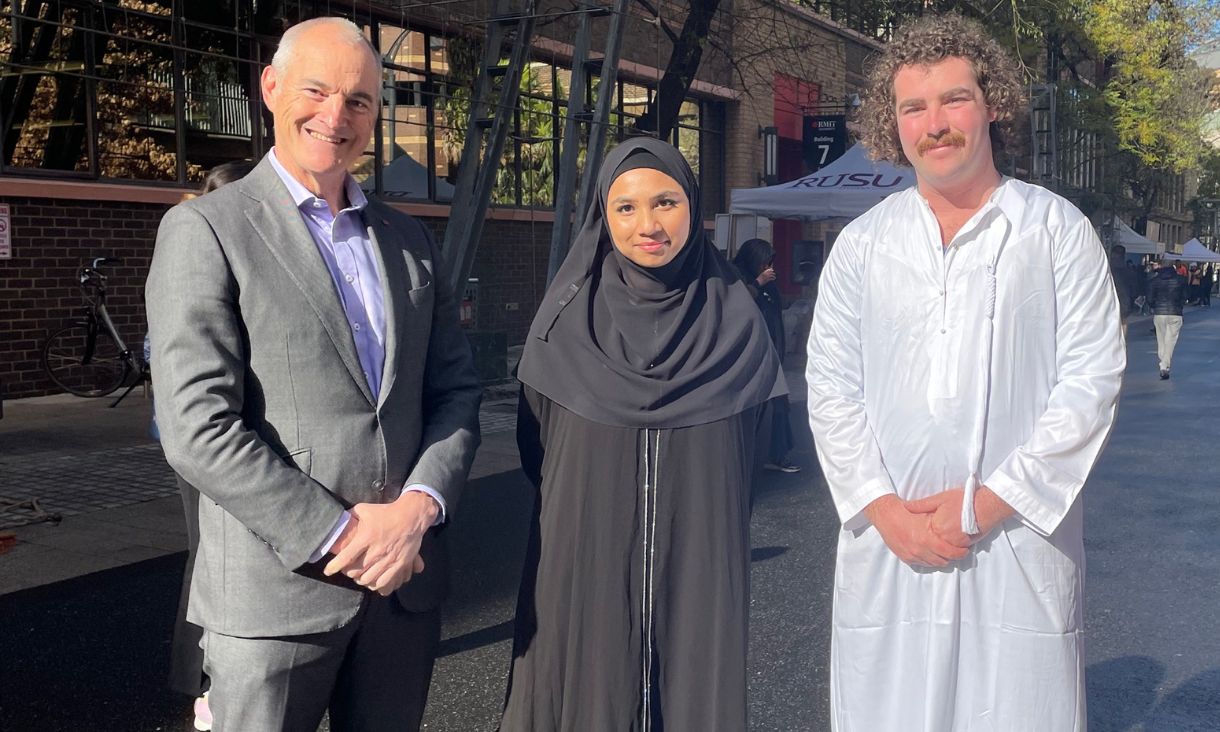 Vice-Chancellor and President - Alec Cameron, Ayana Lockhandwala - president of the RUSU Islamic Society and RUSU President – Adam Steiner 