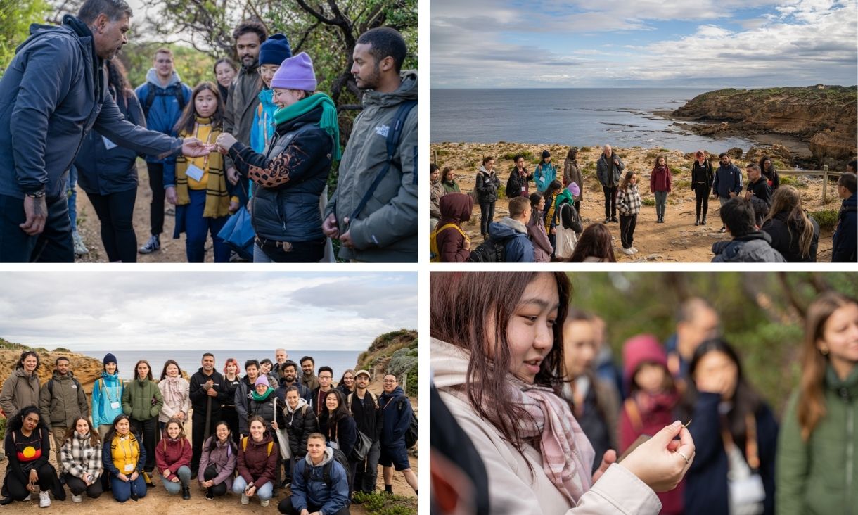 Students on beach posing for photography and looking at plants.