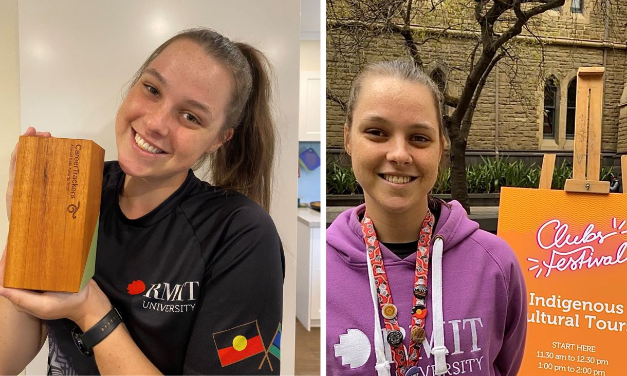 Two images of Caley Manzie side by side. Left hand image shows Caley smiling and holding a timber award, right image shows Caley wearing purple hoodie on Campus smiling towards camera. 
