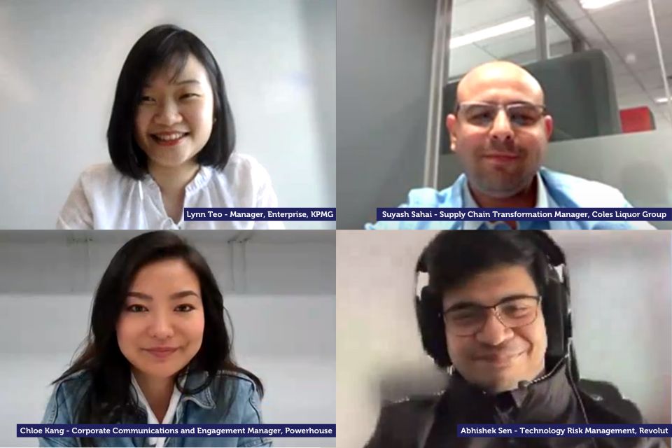 Lynn Teo, Suyash Sahai, Chloe Kang and Abhishek Sen, presenting during the online workshop