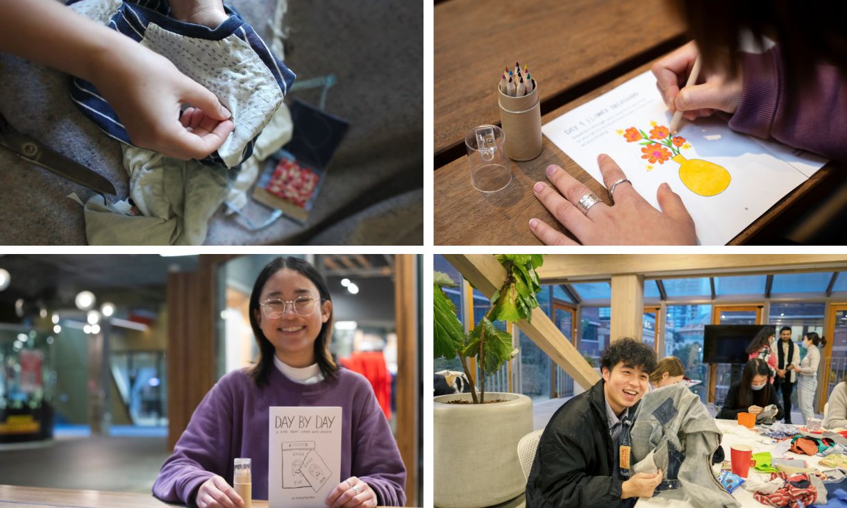 Four panel image showing students participating in creative activities including sewing and colouring in