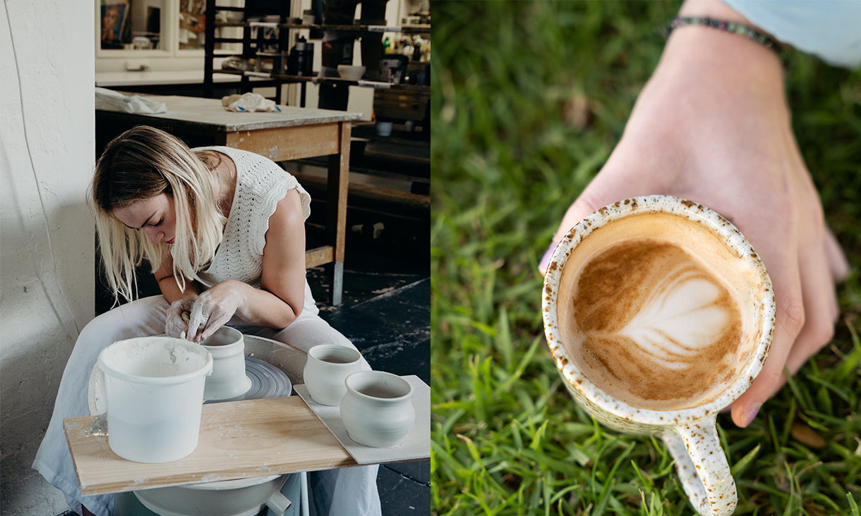 Student Jessica Dybing at pottery wheel (L) her handmade mug (R)