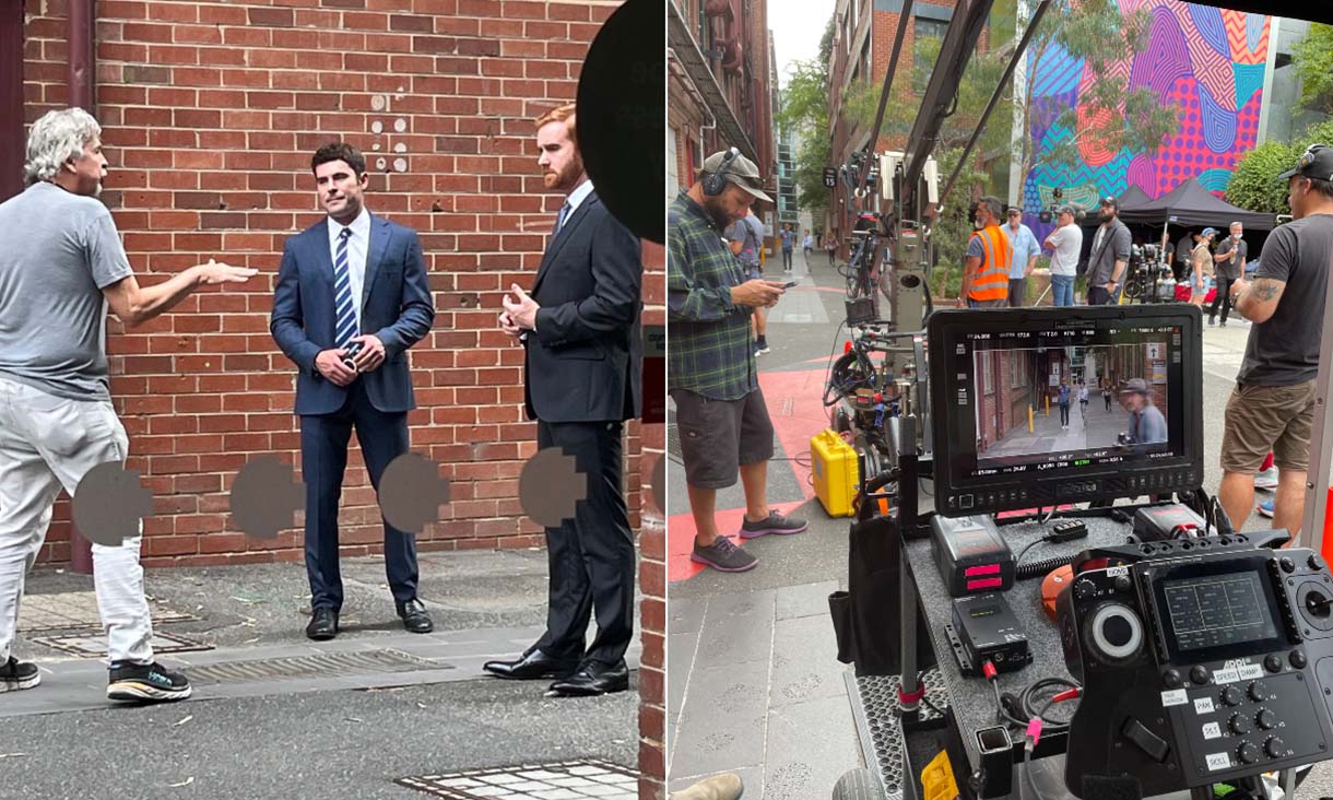 Three men stand in front of a brick wall. Right: A film camera records a scene on Bowen Street.