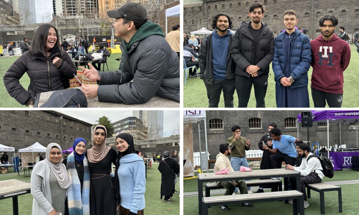 Group of students standing together smiling and laughing at Eid Festival