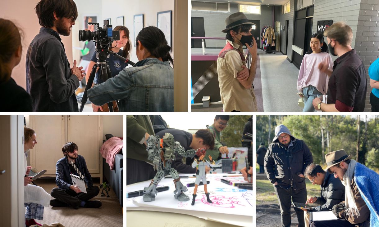Group of five images showing rmit graduate Carl Emmerson during filming behind the camera, with other students, holding a film clapboard and anime figures