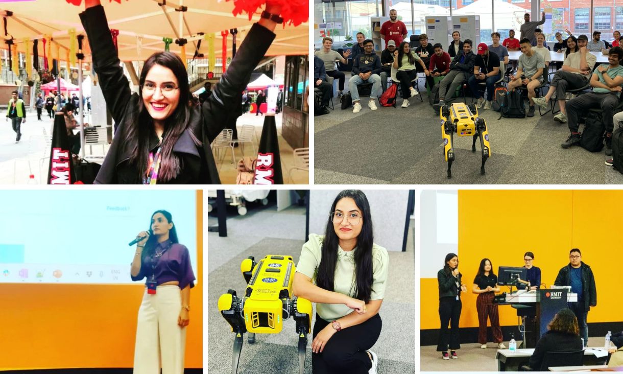 5 panel image showing different aspects of Jyoti's university life. 