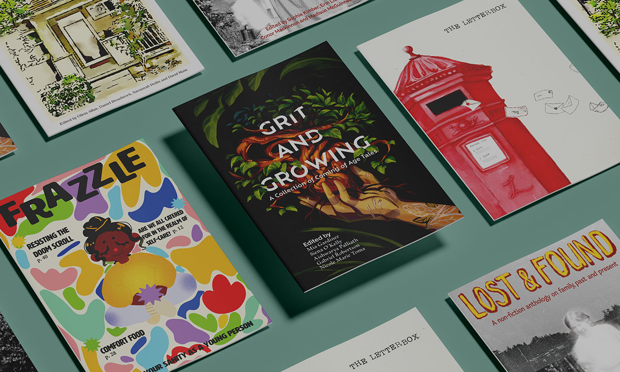 Series of books on a table.