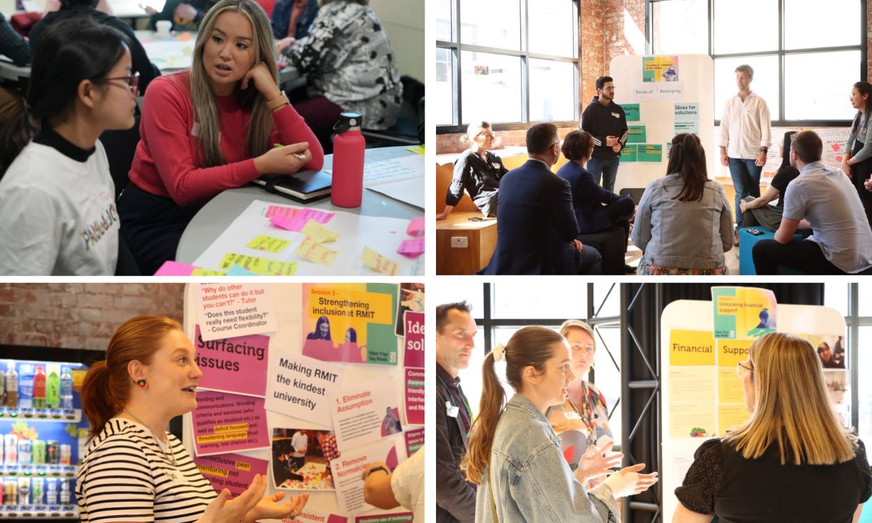 Students sitting around tables and boards having discussions