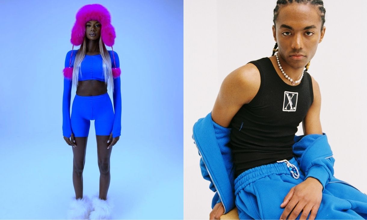 Two images of a male and female module in fashion clothing