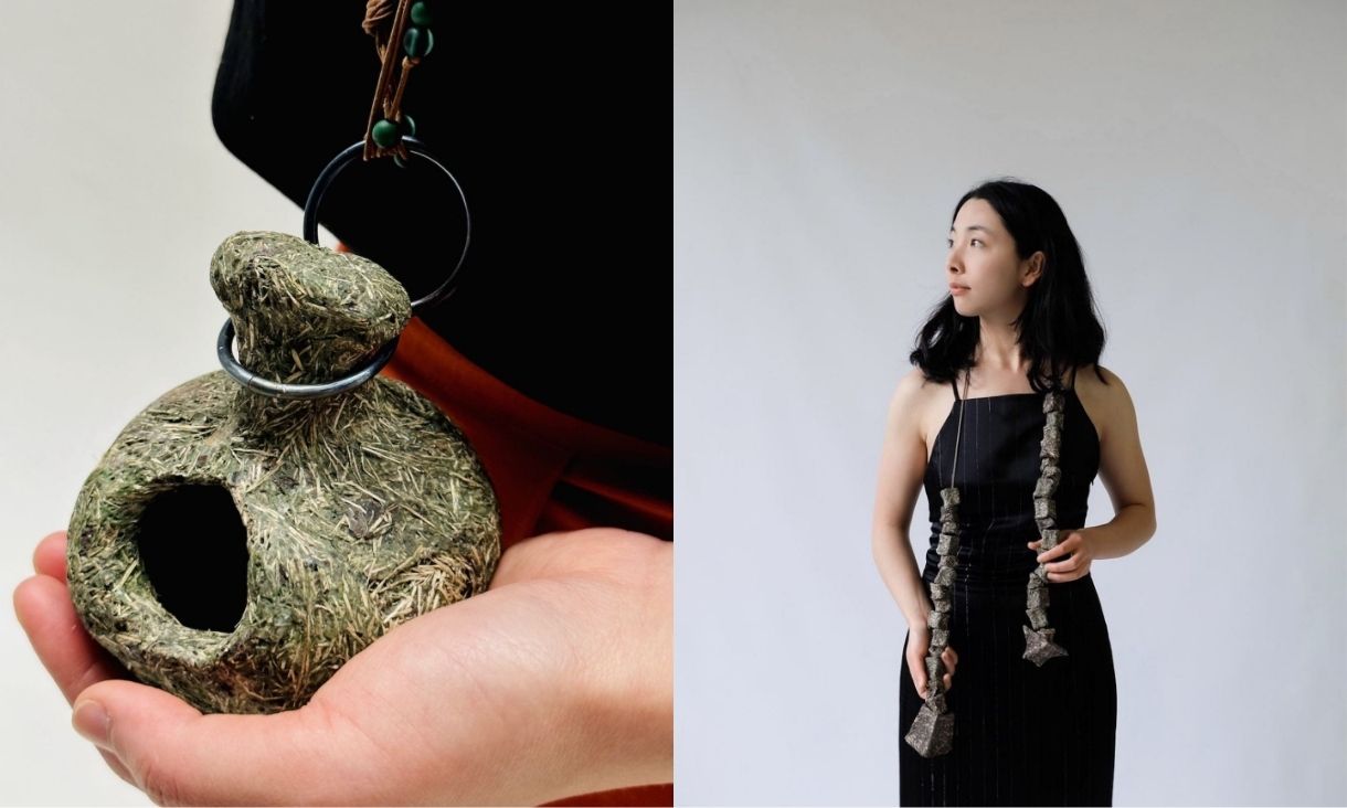 Left image shows close up of crash and soil artwork. Right image shows photograph of artist Vivian Qiu in black dress wearing jewellery designed by her. 