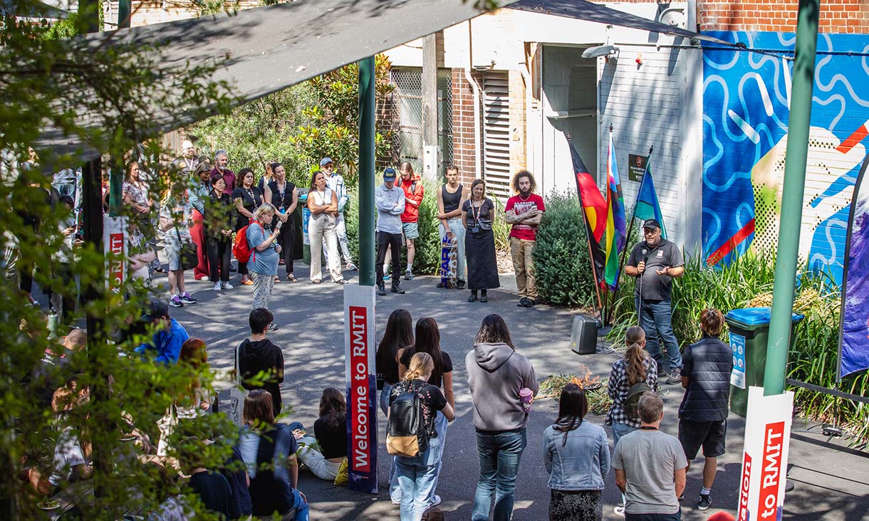 Arial view of Welcome to Country ceremony. 