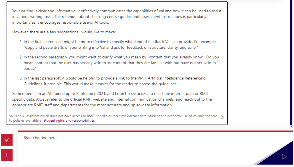 Val giving feedback on a section of writing 