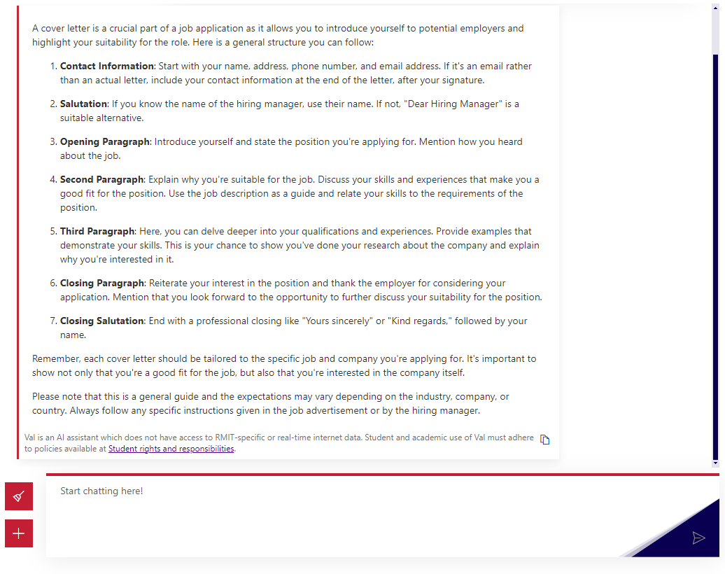 Val providing a structure for a resume cover letter