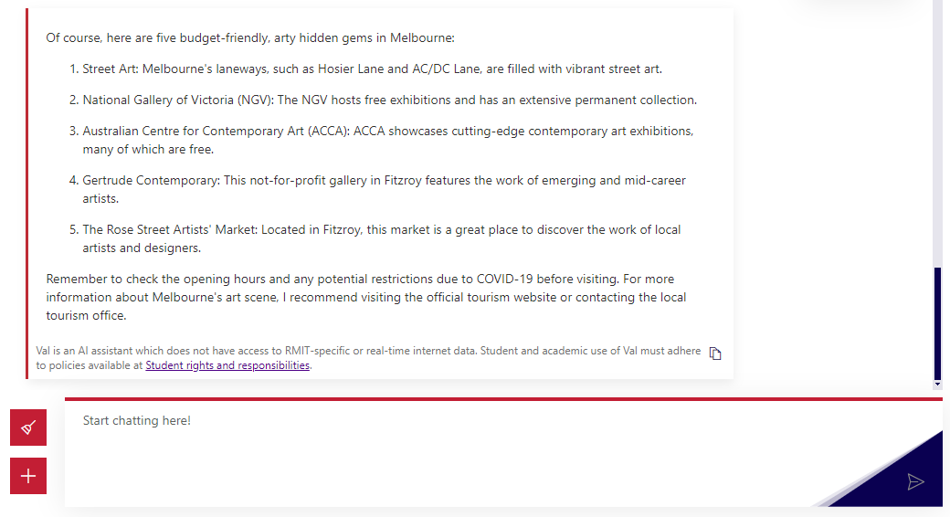 Val giving recommendation of galleries and art related activities in Melbourne