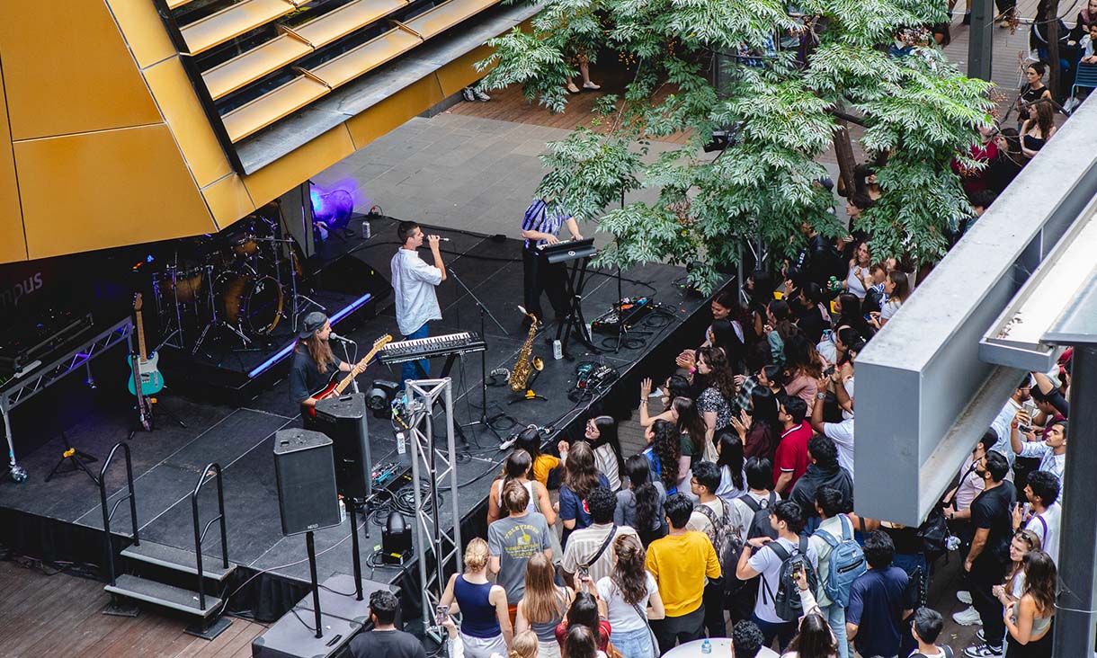 Arial view of a band playing on a stage in from of a crowd.