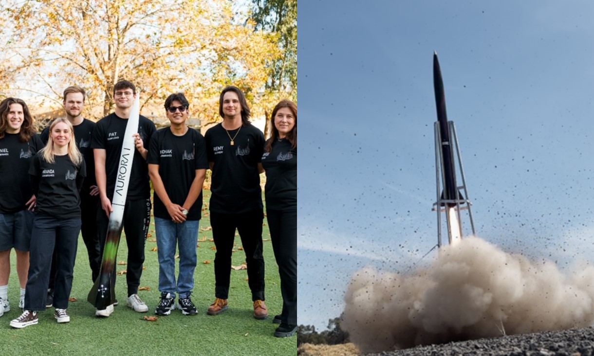 Miranda (second from left), Mohak (middle) and other members of the aerobrake design team at the RMIT rocket launch.
