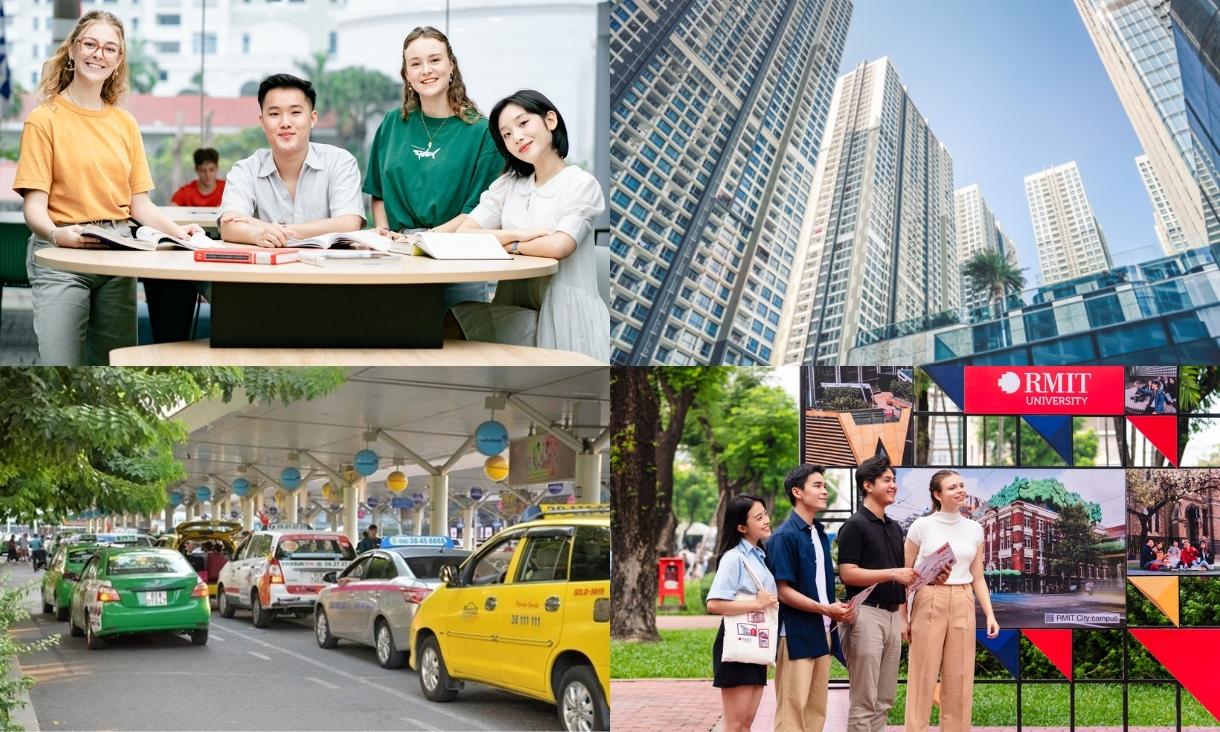 Picture depicting happy exchange students and of the city