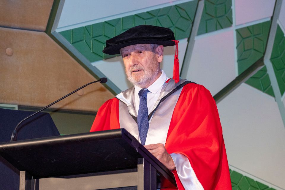Salvador Rueda Palenzuela speaking at the 2025 Doctoral Degrees Graduation Ceremony.