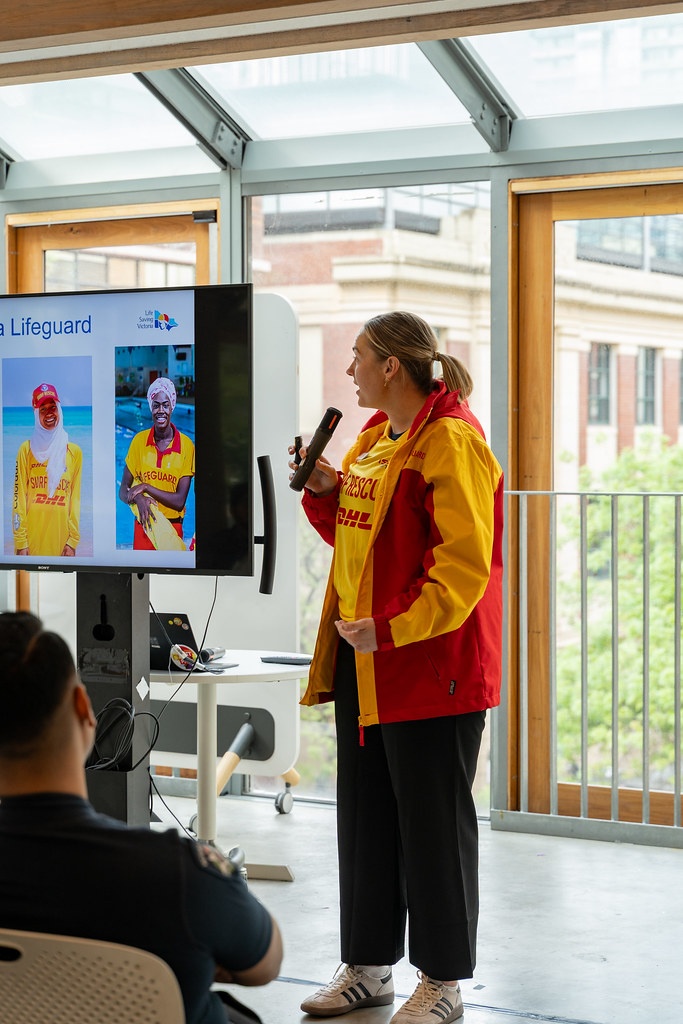 Jaimee Peney from Life Saving Victoria presents to students about water safety.